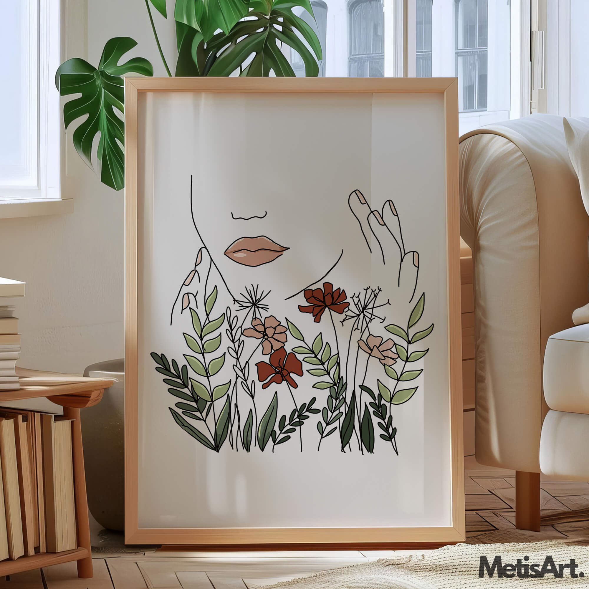 Bottom portion detail of the colorful botanical line art print.