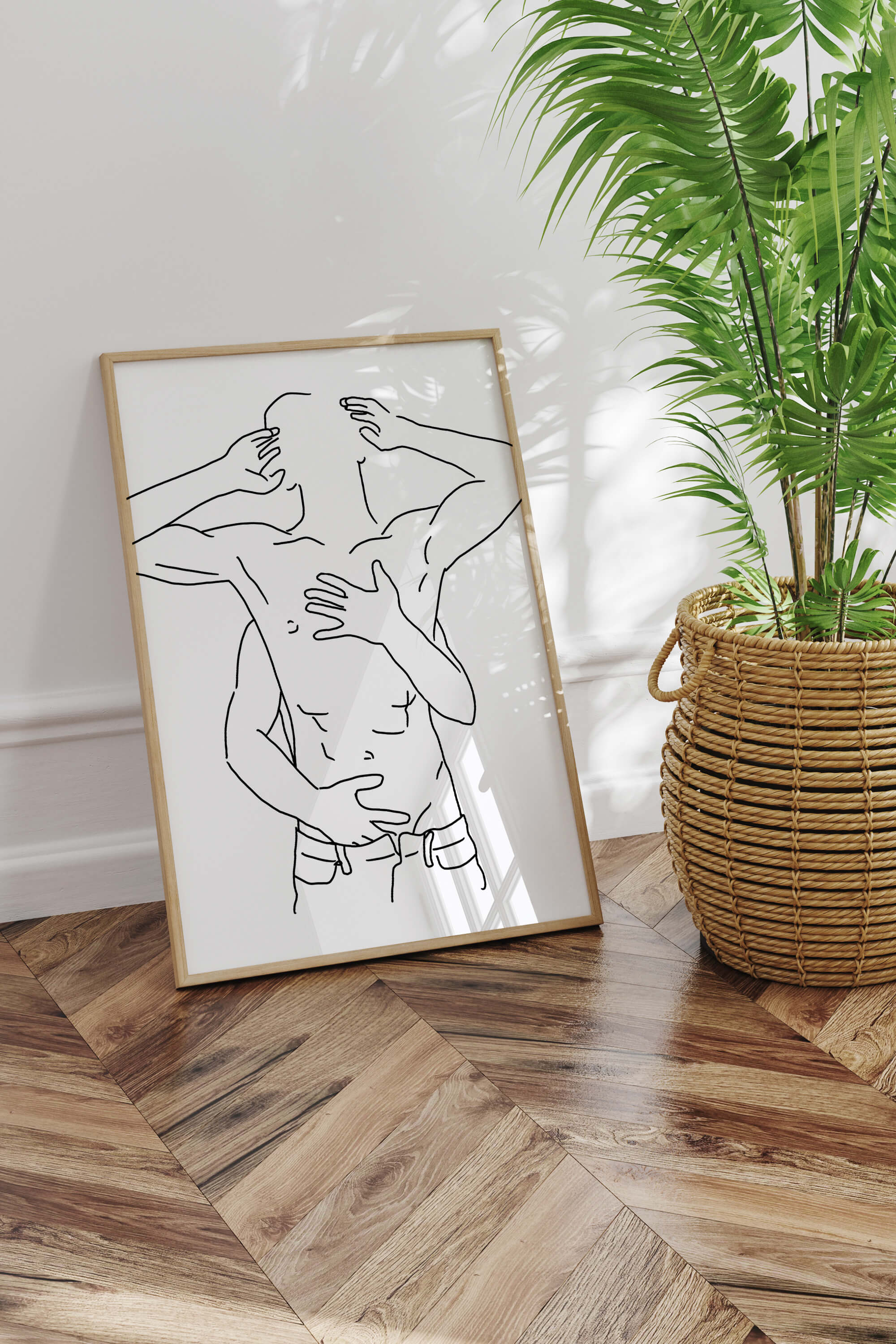 Timeless beauty in this monochrome masterpiece, depicting a male couple's embrace with artful lines. A perfect addition for art enthusiasts seeking sophisticated and emotionally resonant wall decor.