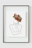 Contemplative line drawing of a woman with a floral crown, reflecting deep thought and natural beauty.