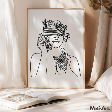 Black and white line art: blindfolded woman surrounded by flowers.