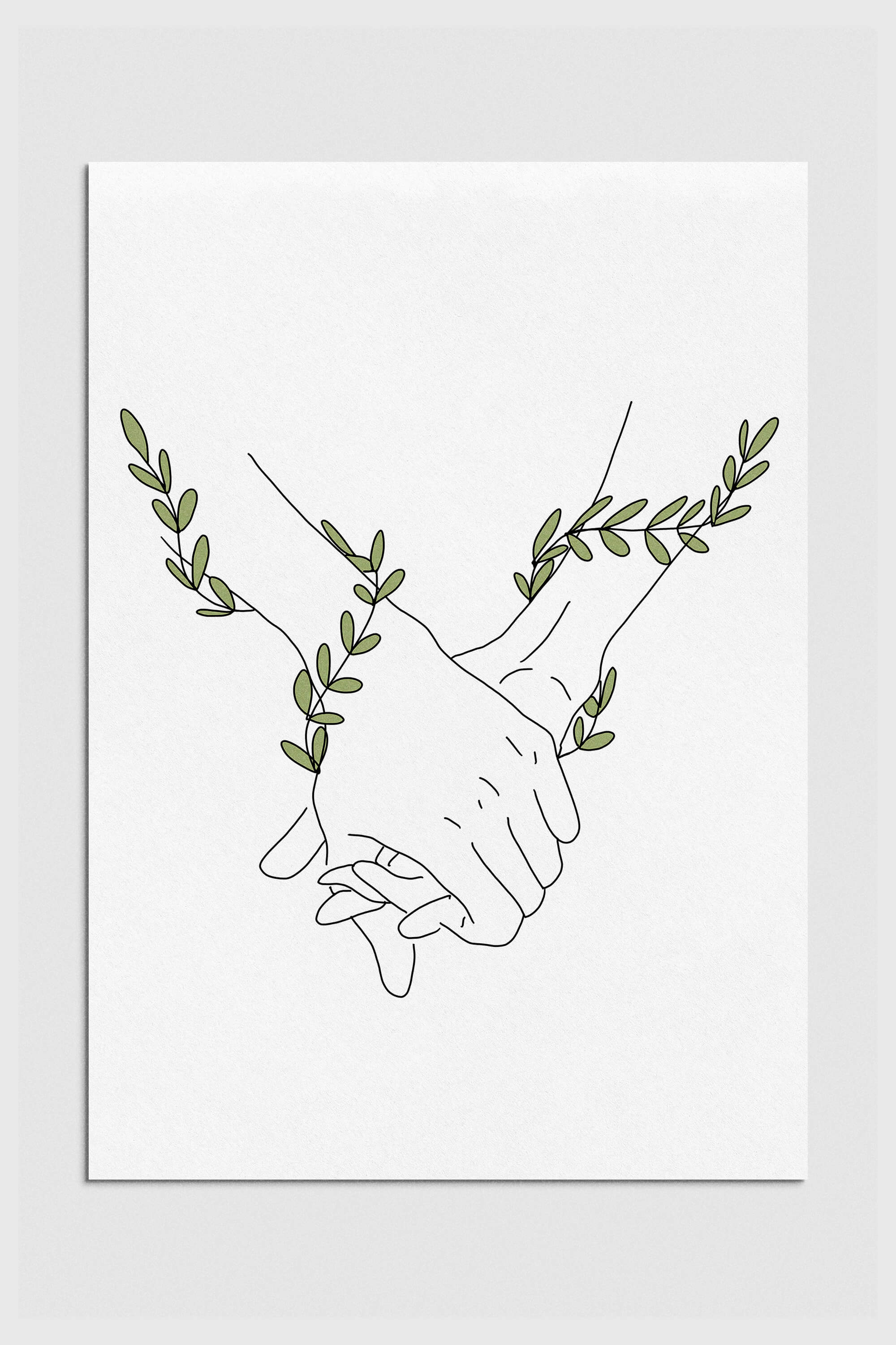 A romantic botanical line art print of a couple holding hands, symbolizing enduring love.