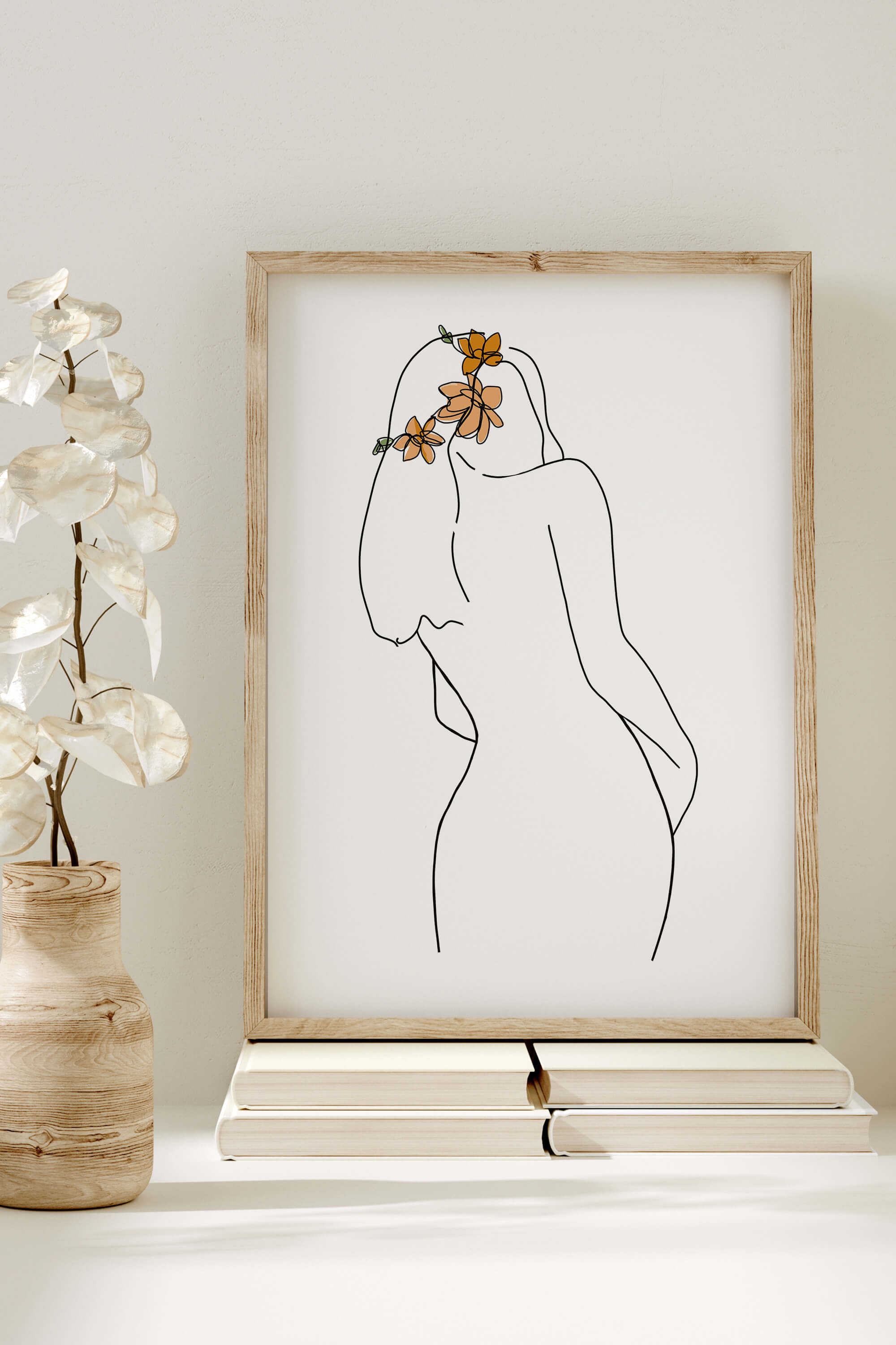 Artistic portrayal of a delicate flower crown on a woman's back, blending floral beauty with minimalist line art.