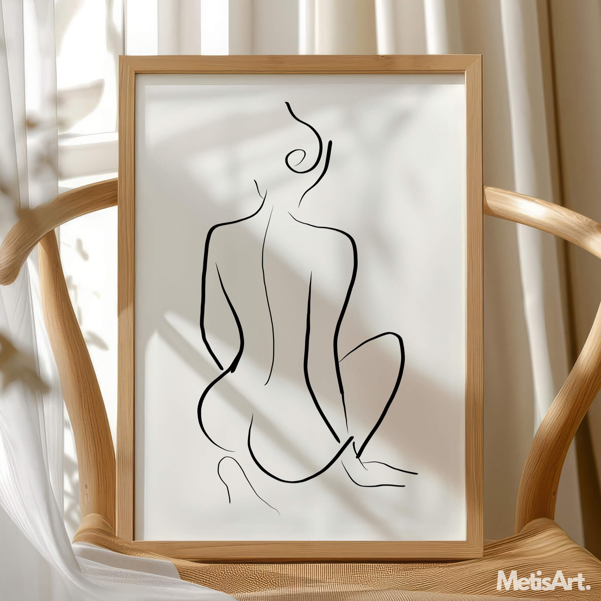 Black-and-white female back line art in a bedroom, enhancing the space with minimalist elegance.
