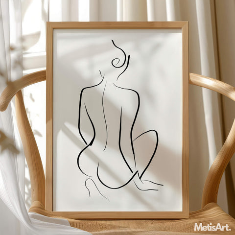 Black-and-white female back line art in a bedroom, enhancing the space with minimalist elegance.