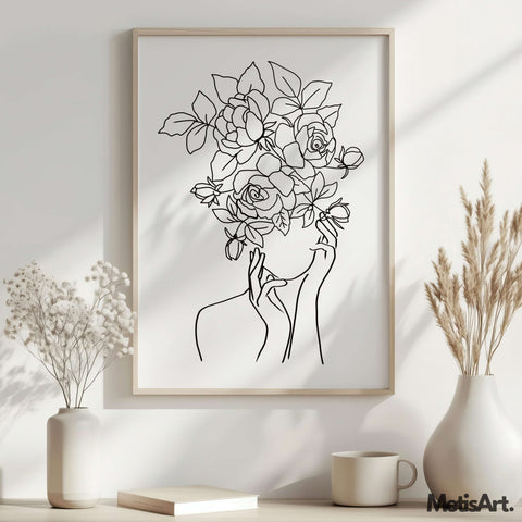 Elegant feminine floral head woman poster in nature-inspired decor, bringing grace and beauty to the room.