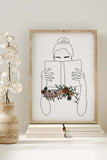 Elegant Woman Reading Book Line Art Print with Intricate Floral Embellishments