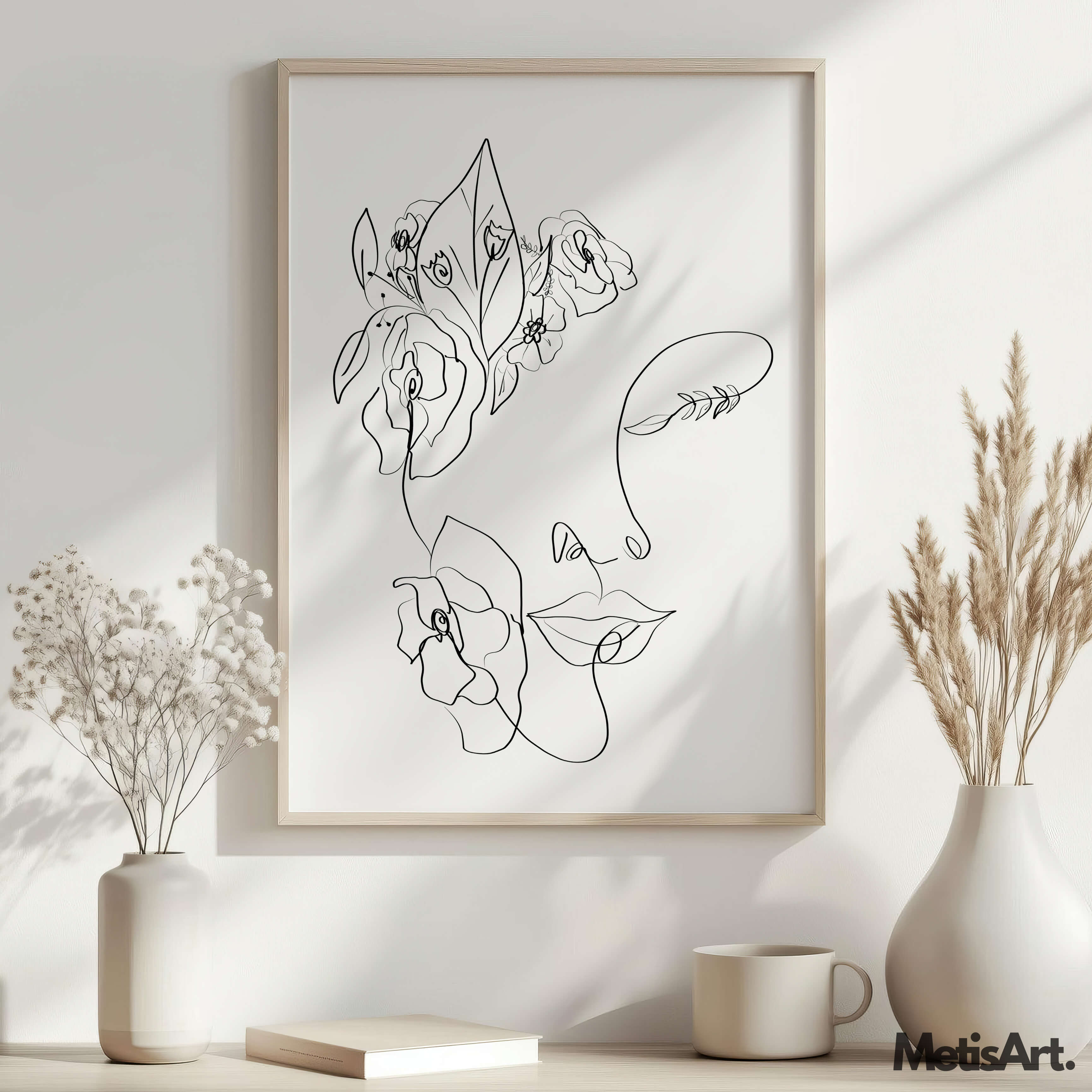 Elegant floral woman face portrait art in nature-inspired decor, bringing a creative and graceful touch to the room.