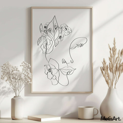 Elegant floral woman face portrait art in nature-inspired decor, bringing a creative and graceful touch to the room.