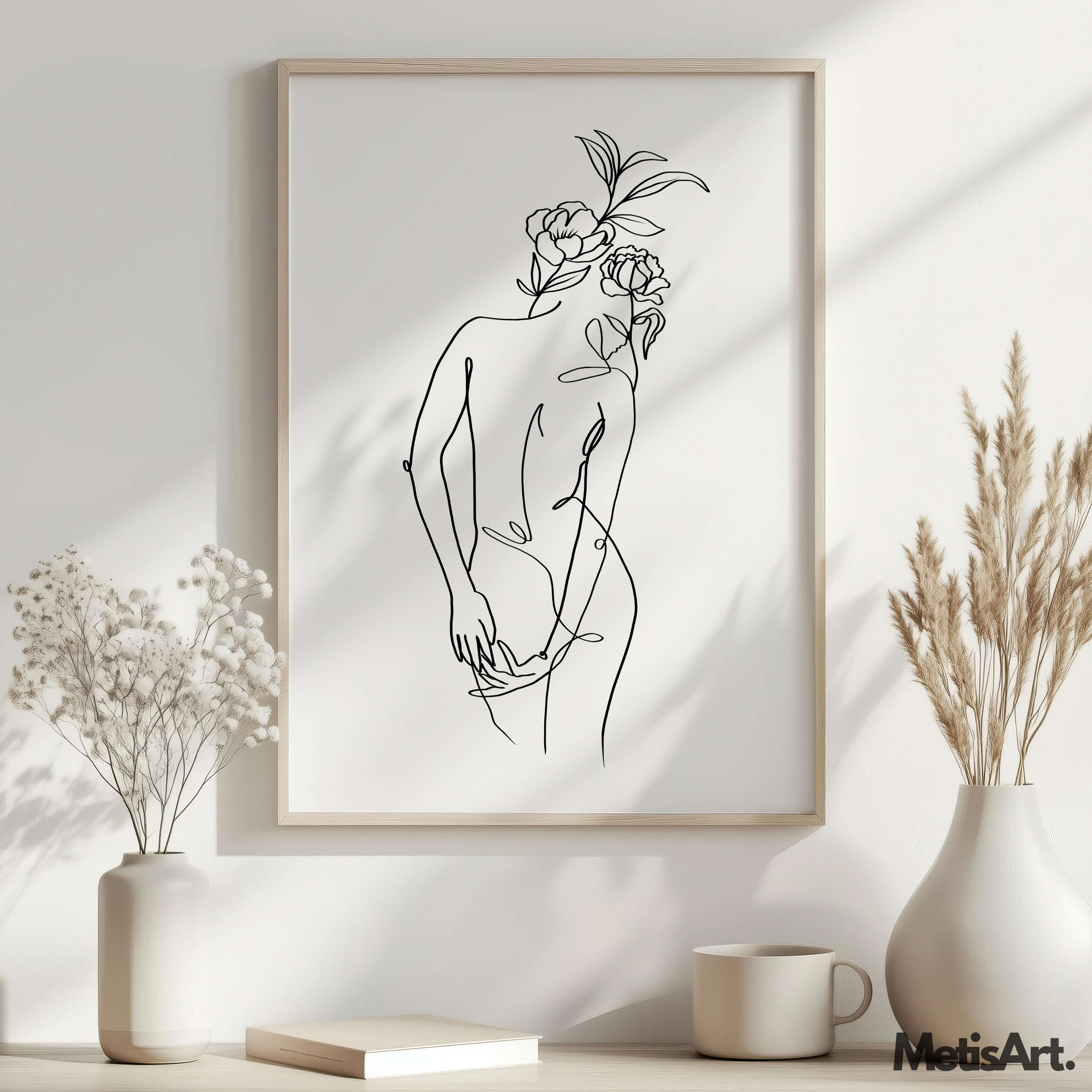 Elegant flower head woman back line art in feminine home decor, enhancing the space with a modern and graceful touch.