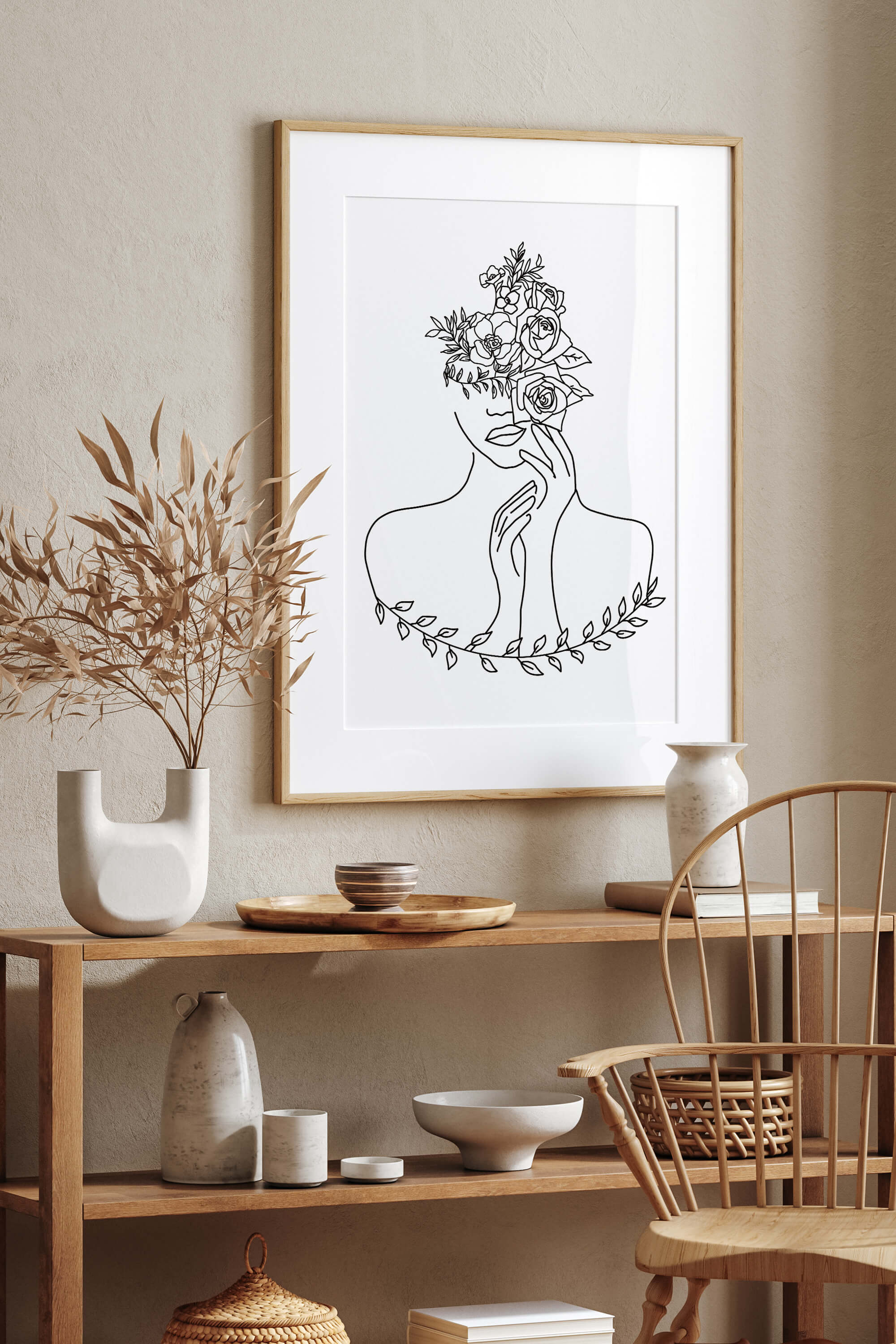 Elevate your space with this intricate line drawing of a botanical masterpiece. The delicate details and botanical elements make it a unique and elegant artwork, perfect for those with a refined taste in home decor.