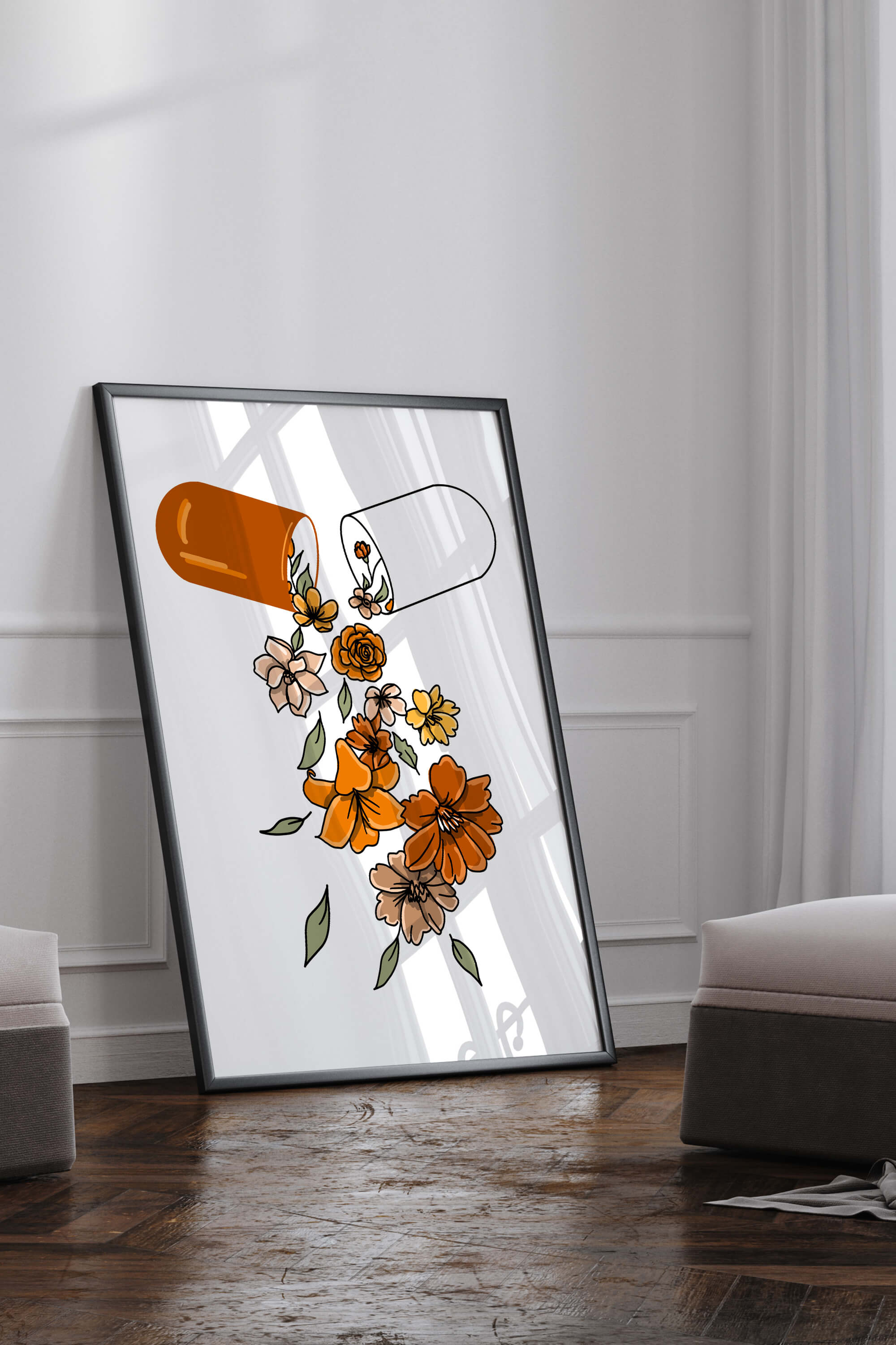Elegant Medical Artwork perfect for a pharmacist's office, highlighting aesthetic pill illustrations with flower details.