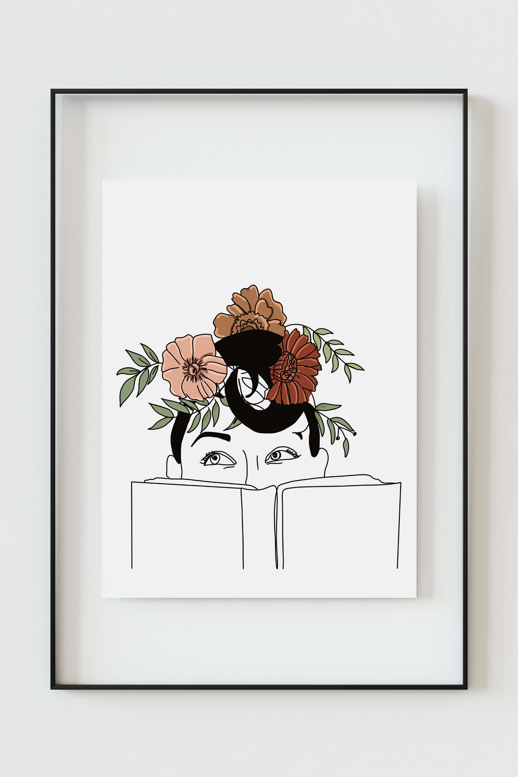 Elegant line art print depicting a woman with a floral crown deeply absorbed in a book, ideal for home libraries.