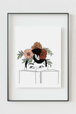 Elegant line art print depicting a woman with a floral crown deeply absorbed in a book, ideal for home libraries.