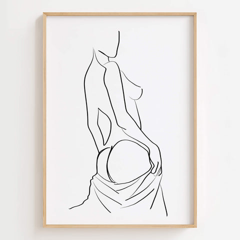 Elegant Woman Back Line Art Print displayed in a bedroom, adding sophistication and sensuality to the space.
