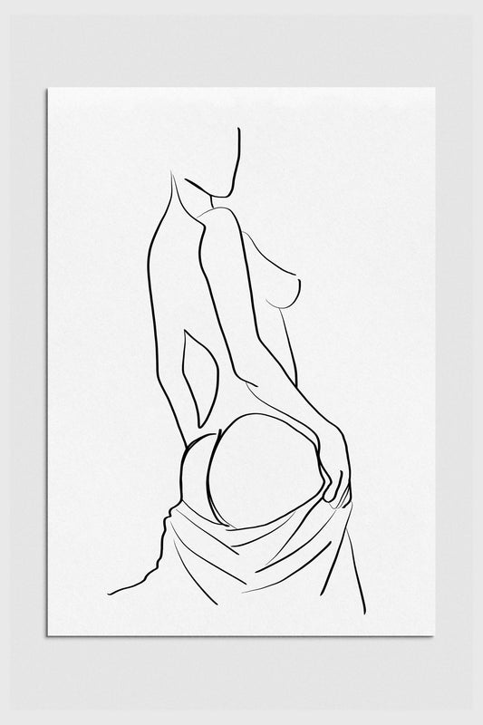 Black and white line art of an elegant woman's back, celebrating sensuality and sophistication. Graceful lines and subtle curves create a visually captivating print, perfect for chic and modern decor. 2000