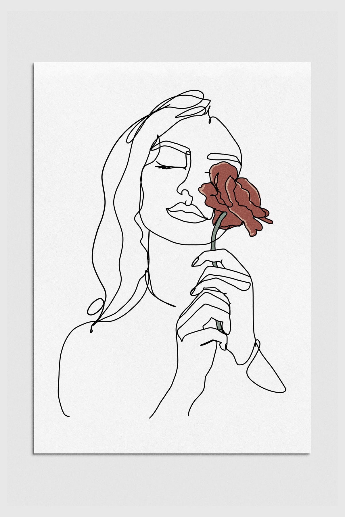 Elegant line art print of a woman holding a rose, showcasing the full artwork in high detail.