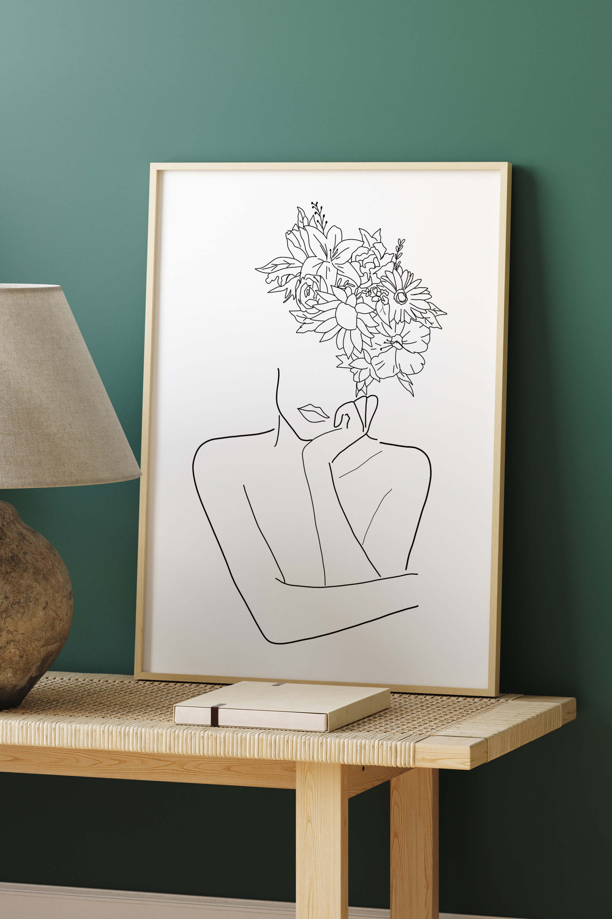 Elegant line drawing of a woman with a flower head, showcasing artistic mastery. This captivating art print is a testament to craftsmanship, offering a unique visual spectacle and an investment in quality for art connoisseurs.