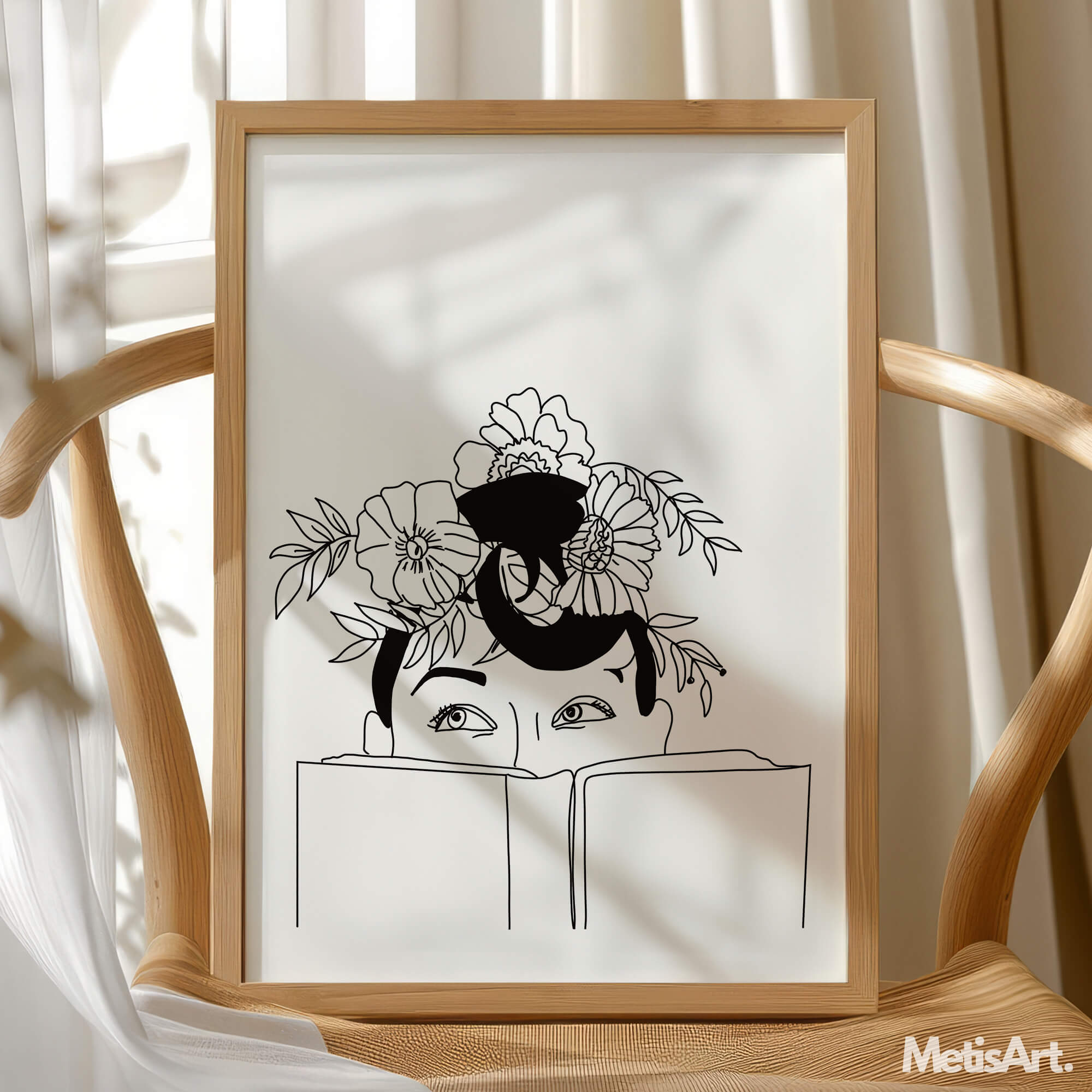 Black-and-white floral head woman reading book poster in a contemporary home, offering a calming and inspiring touch.