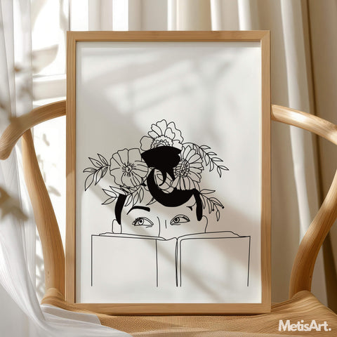 Black-and-white floral head woman reading book poster in a contemporary home, offering a calming and inspiring touch.