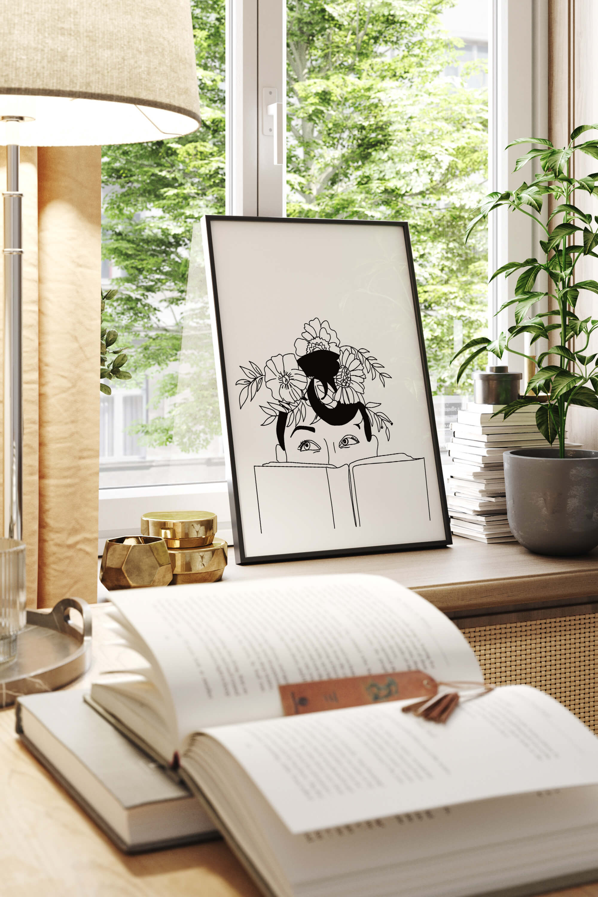Elegant woman lost in the joy of reading, depicted in a captivating nature-inspired art print. The black-and-white poster celebrates the love of literature with timeless style.