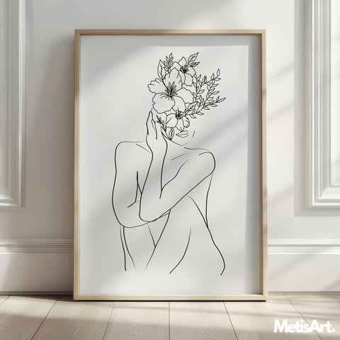 Close-up of woman with a flower head in a monochrome line drawing, capturing the essence of femininity.