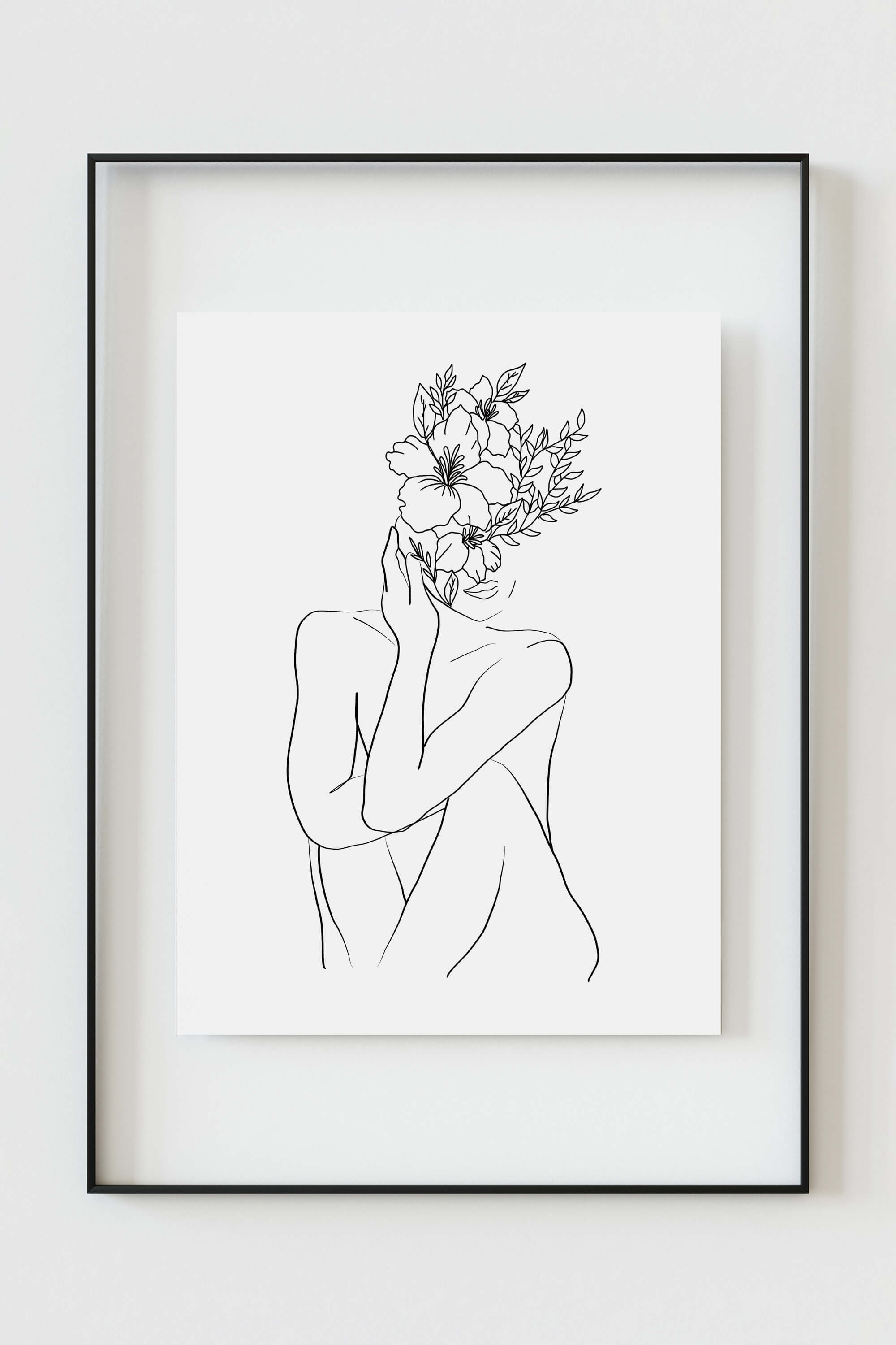 A captivating black and white line art drawing featuring a woman with a flower head, symbolizing empowerment and natural beauty. 