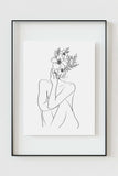 A captivating black and white line art drawing featuring a woman with a flower head, symbolizing empowerment and natural beauty. 
