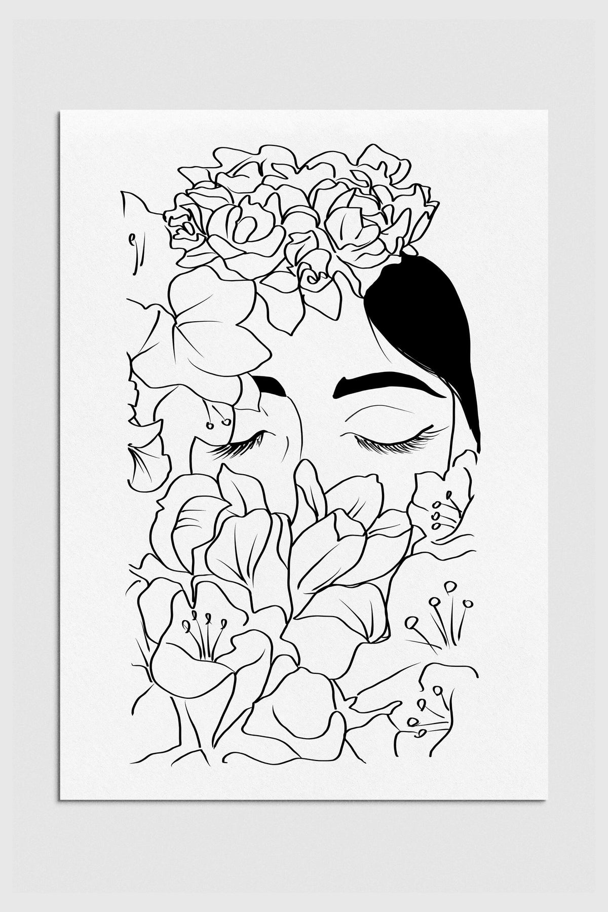 Monochrome line art of a woman's face adorned with floral elements, celebrating the strength and beauty of empowered femininity. Ideal romantic bedroom decor.