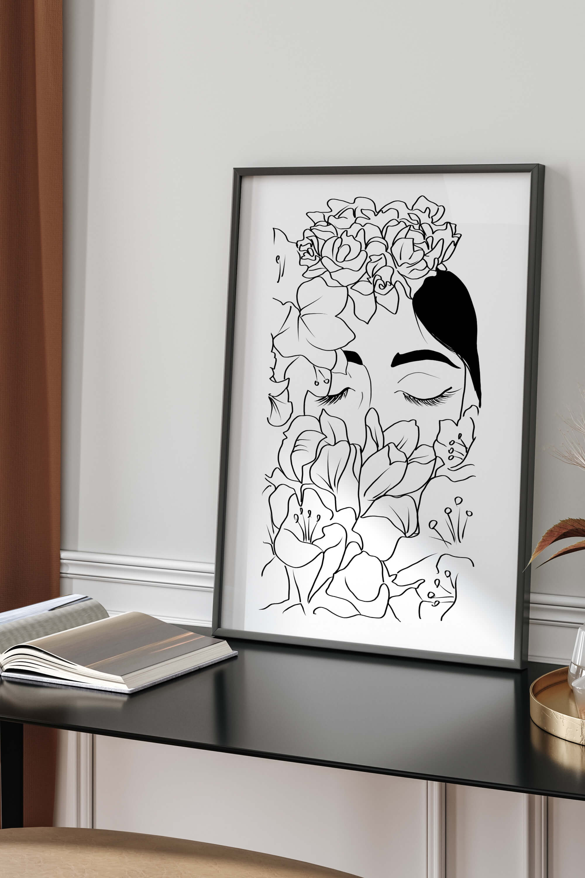 Monochrome elegance captured in a floral line art print, symbolizing empowerment. Versatile and sophisticated, this print leaves a lasting impression on walls and hearts alike.