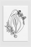 Monochrome floral vagina line art print, symbolizing strength and femininity. Delicate lines create a bold, minimalist design in black and white. Perfect for feminist wall decor, celebrating empowerment.