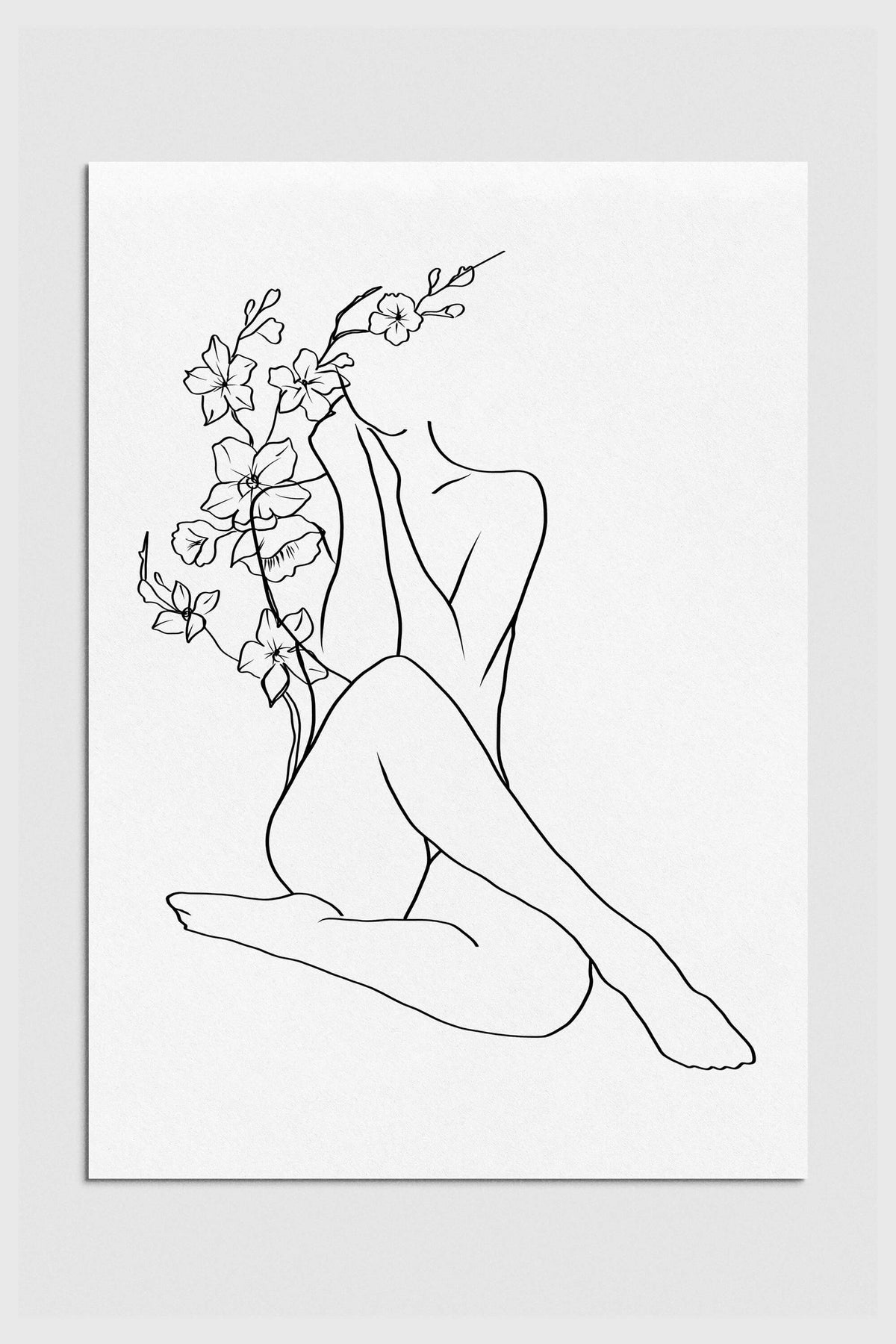 Abstract black and white woman's body drawing with botanical elements. Timeless elegance and self-expression captured in this monochrome wall art.
