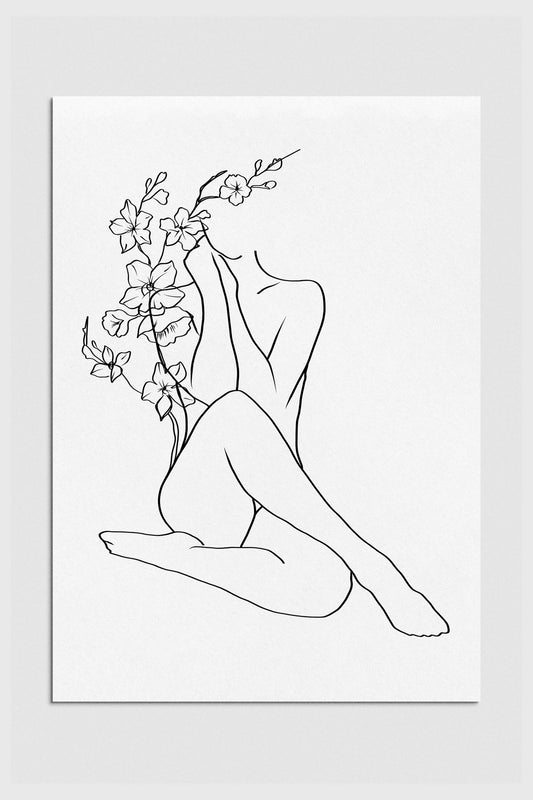 Abstract black and white woman's body drawing with botanical elements. Timeless elegance and self-expression captured in this monochrome wall art. 2000