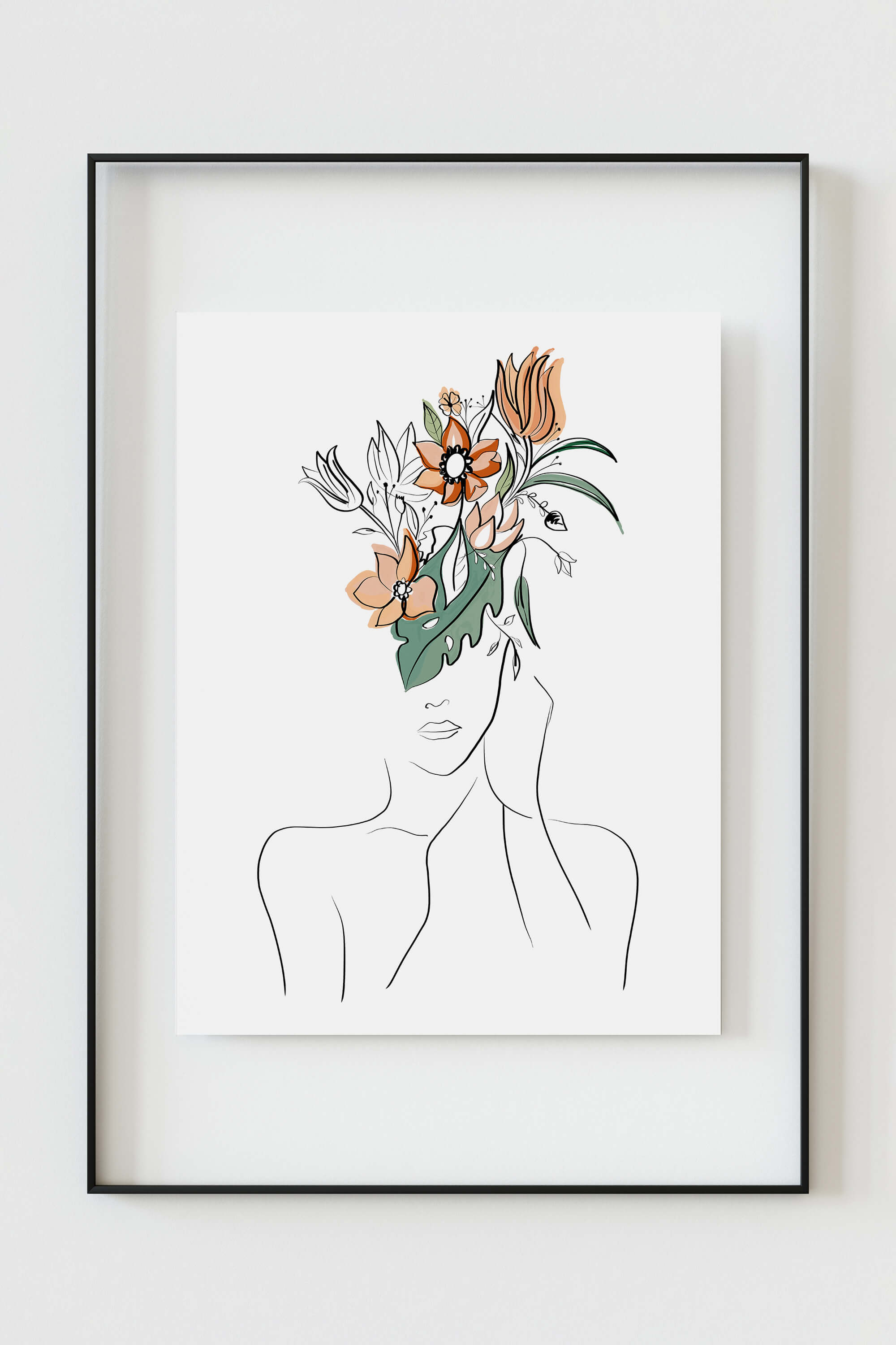 Elegant Feminine Figure Floral Art Print with abstract woman and flower head, perfect for contemporary wall styling.