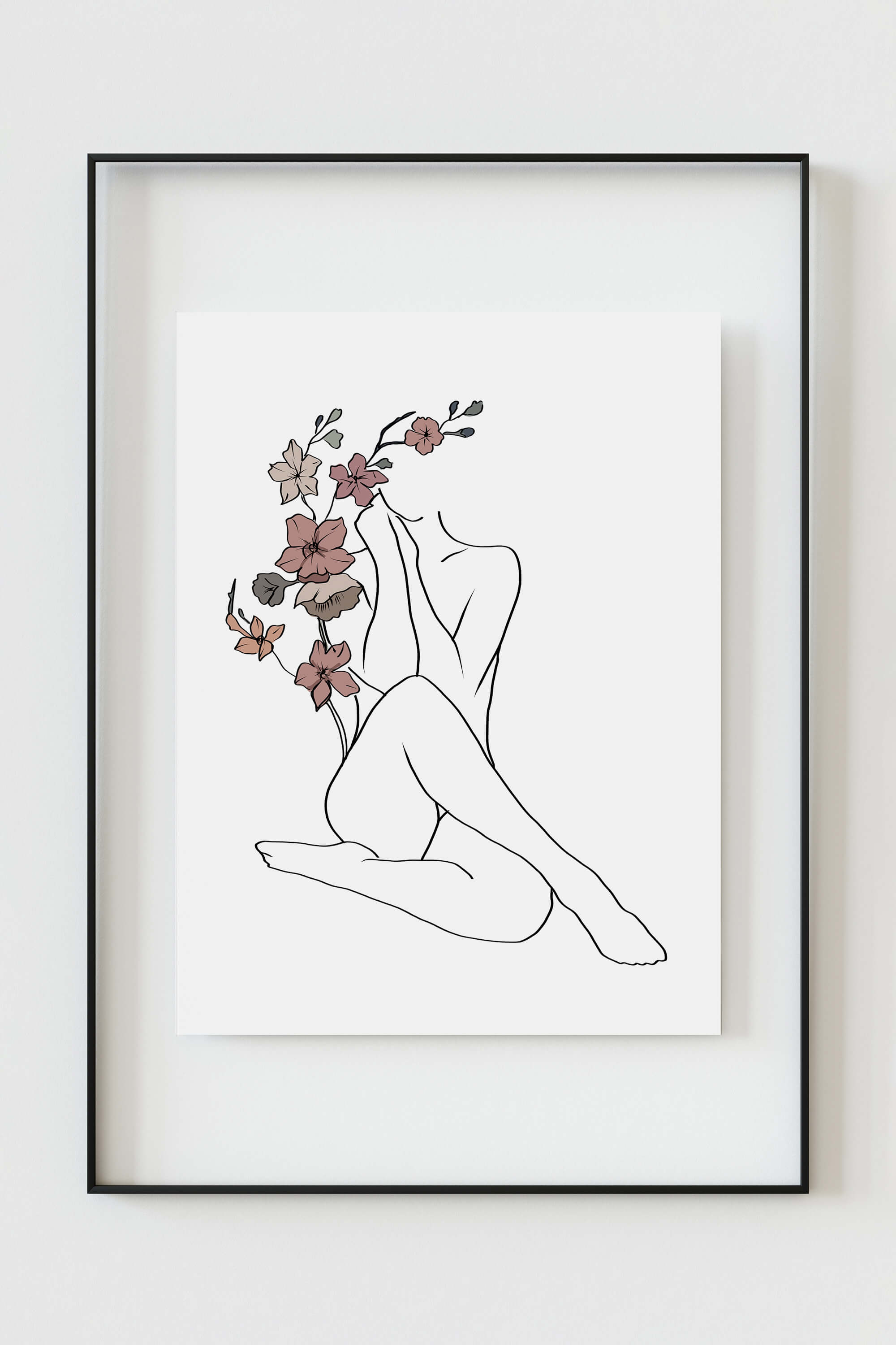 Feminine line drawing with intricate floral details, creating an elegant and captivating wall art piece.