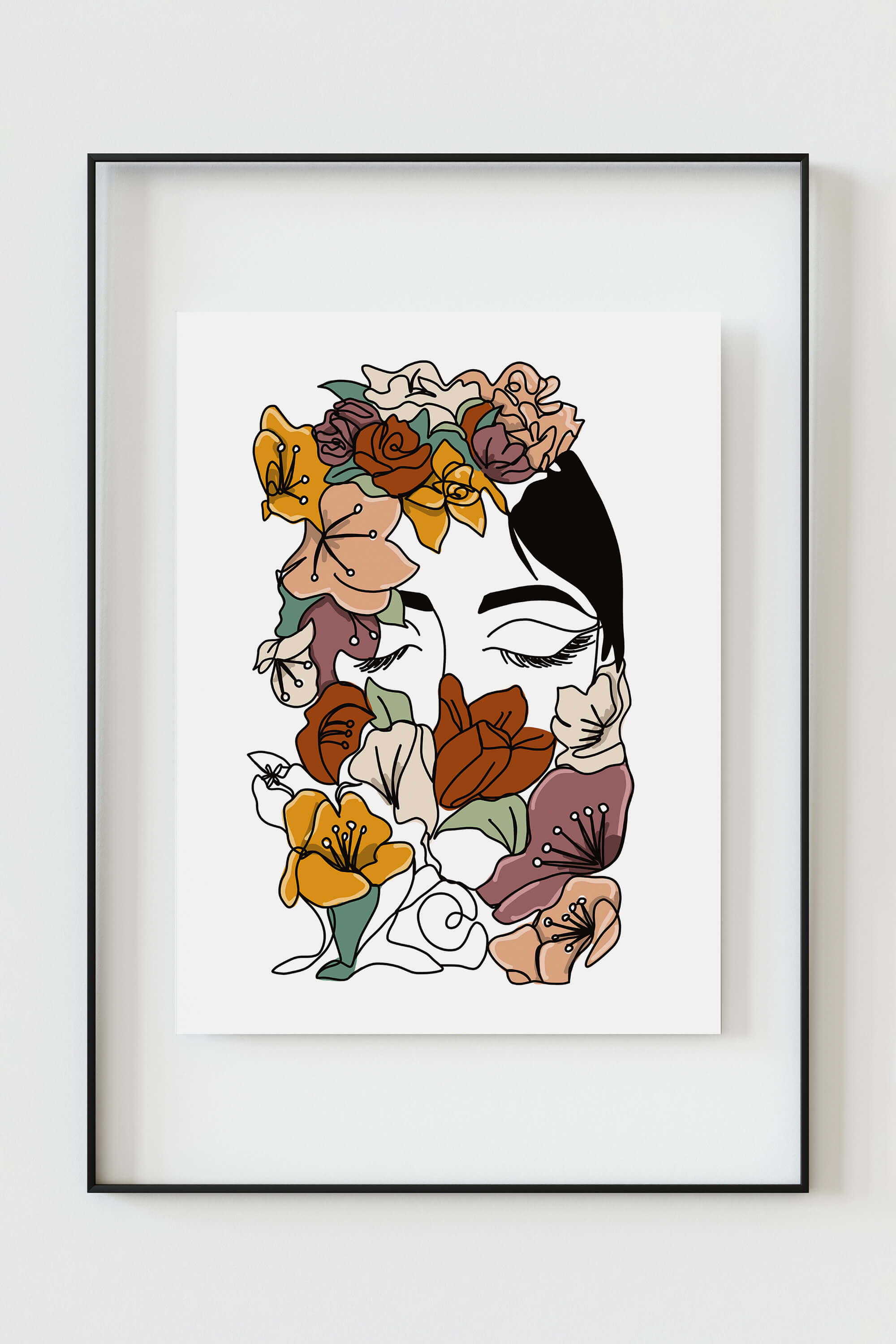 Feminist Bohemian Wall Poster featuring an elegant line drawing of a woman with a floral crown, symbolizing empowerment.