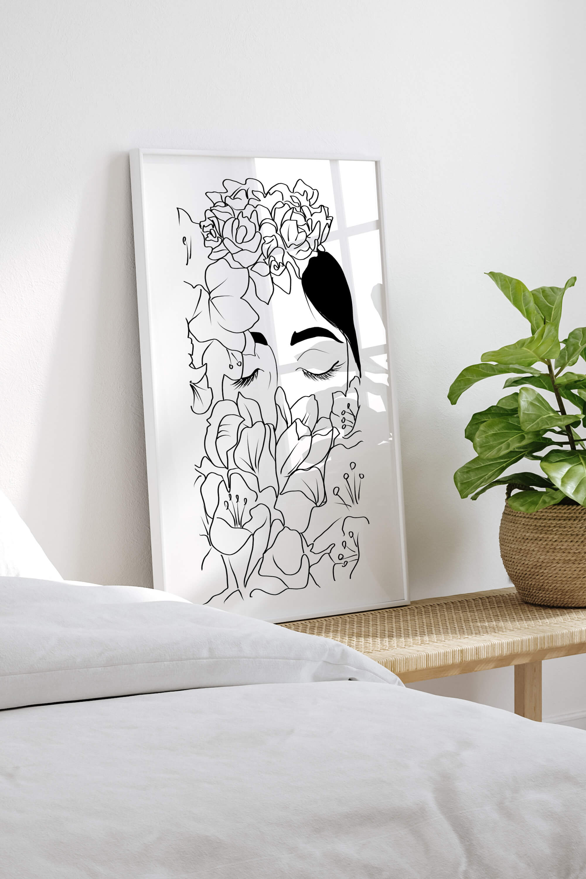 Boho-inspired wall art celebrating feminist expression, portraying a woman with a flower-covered face. A modern symbol of strength and beauty for any space.