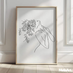 Close-up of floral head woman body line art drawing, showcasing the beauty and strength of the female form.