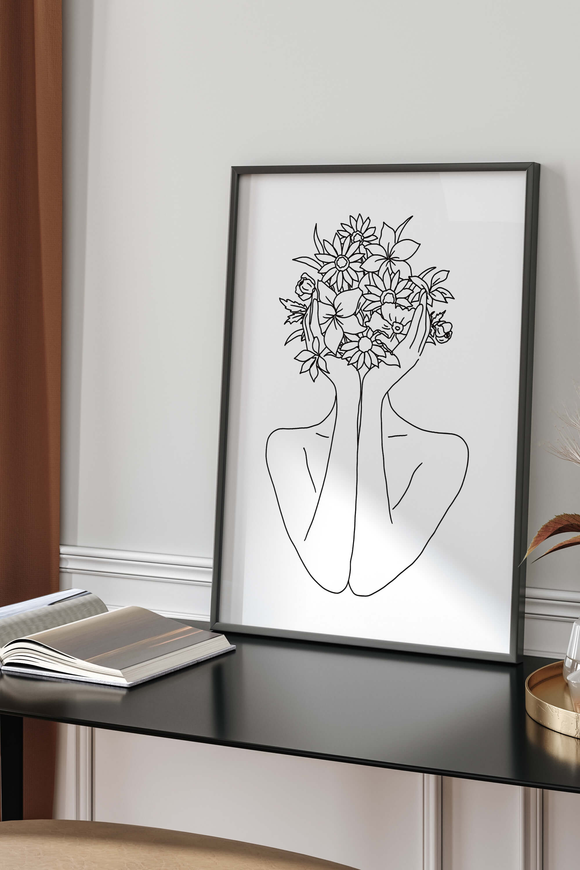 Contemporary and chic, this abstract floral wall art print features a woman's line drawing, combining elements of femininity and nature.