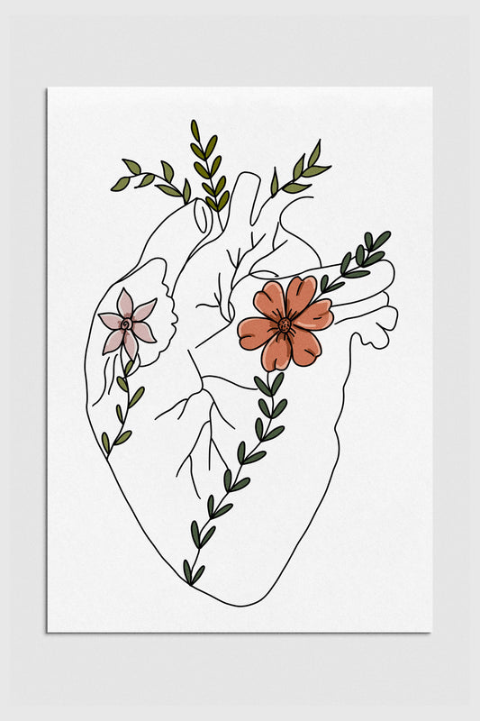 Floral anatomical heart art print designed for cardiologists, with a vivid fusion of flowers and human heart imagery. 2000