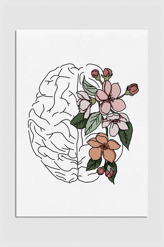 Intricate Floral Brain Anatomy Art Print adding a burst of color to any therapist's office wall. 2000