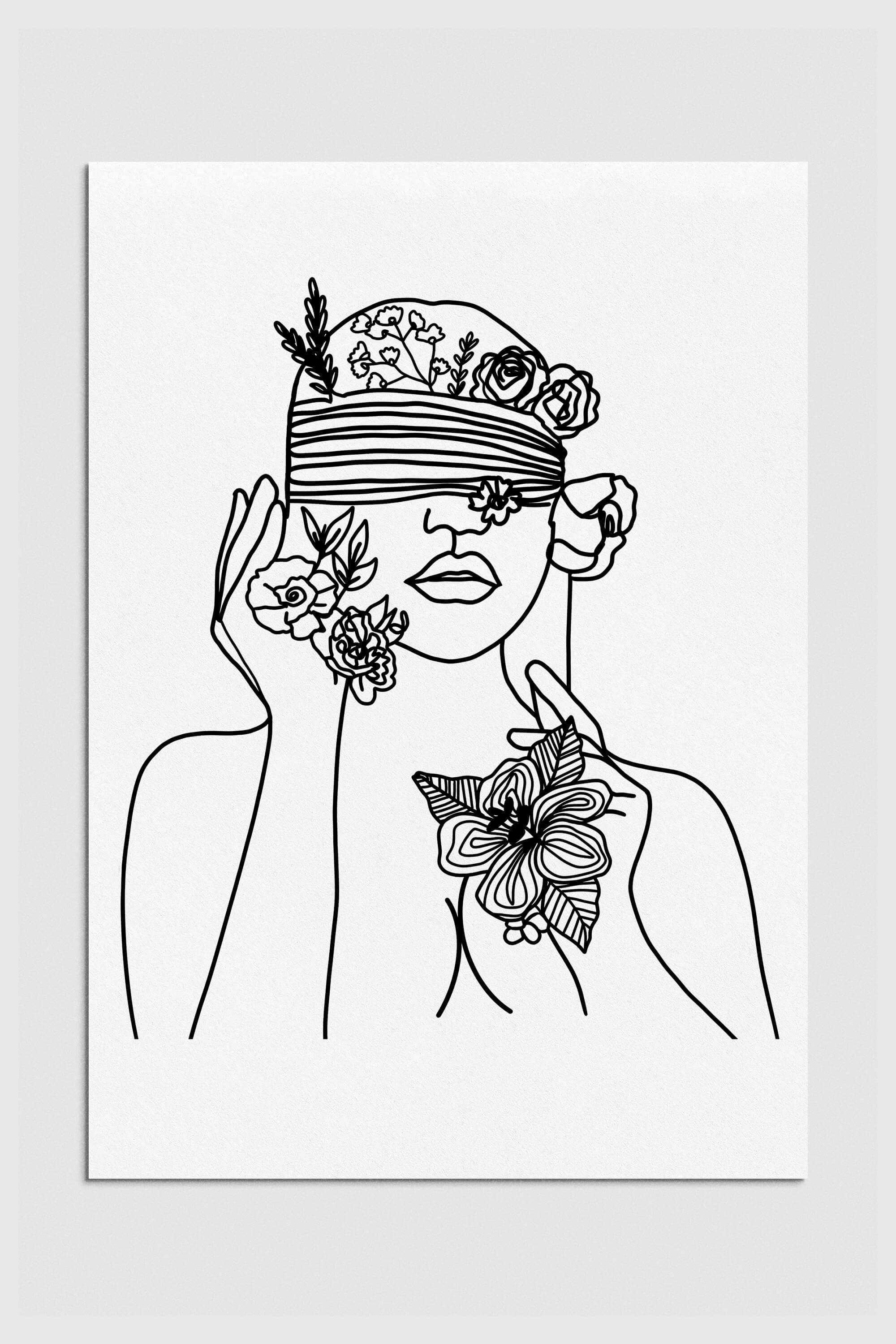 Abstract woman with a floral face in elegant line art style. Monochromatic beauty with intricate floral details. Perfect wall decor for a modern, sophisticated ambiance.