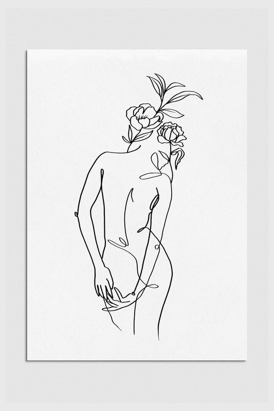 A monochrome line drawing of a young woman's back adorned with intricate floral elements. The delicate lines and floral motifs create an elegant and timeless piece of art, seamlessly blending femininity with botanical beauty. 2000