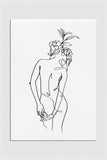 A monochrome line drawing of a young woman's back adorned with intricate floral elements. The delicate lines and floral motifs create an elegant and timeless piece of art, seamlessly blending femininity with botanical beauty.