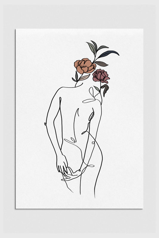 Elegant line art of a woman's back adorned with delicate floral elements, celebrating the harmony of nature and the beauty of the feminine form. 2000