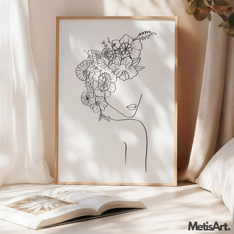 Mysterious woman poster in an elegant bedroom, featuring monochrome line art and floral details.