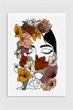 Floral Female Face Line Art depicting a serene woman's face with bohemian flower head decor for modern wall styling.