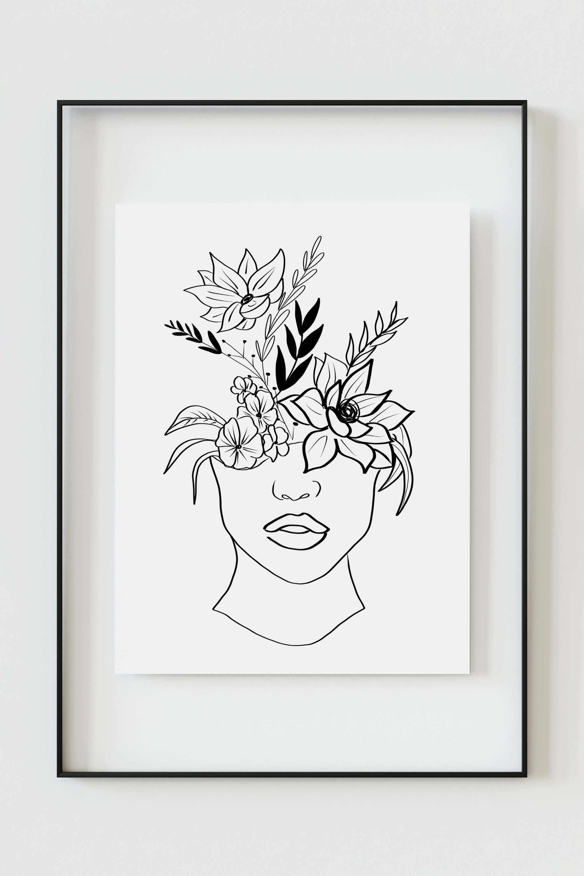 Monochrome poster showcasing a confident woman with red lips and a floral head. Nature-inspired wall art that brings glamour and confidence to your living space.