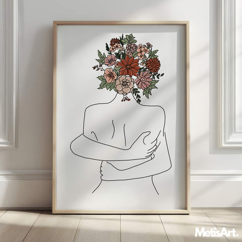 Abstract portrait of a woman hugging herself with a head of flowers, line art style.