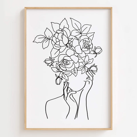 Floral Head Woman Face Poster displayed in a modern bedroom, adding elegance and romantic beauty to the space.