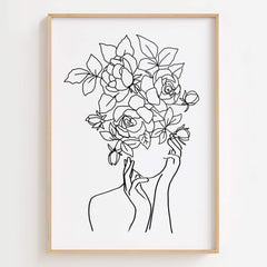 Floral Head Woman Face Poster displayed in a modern bedroom, adding elegance and romantic beauty to the space.